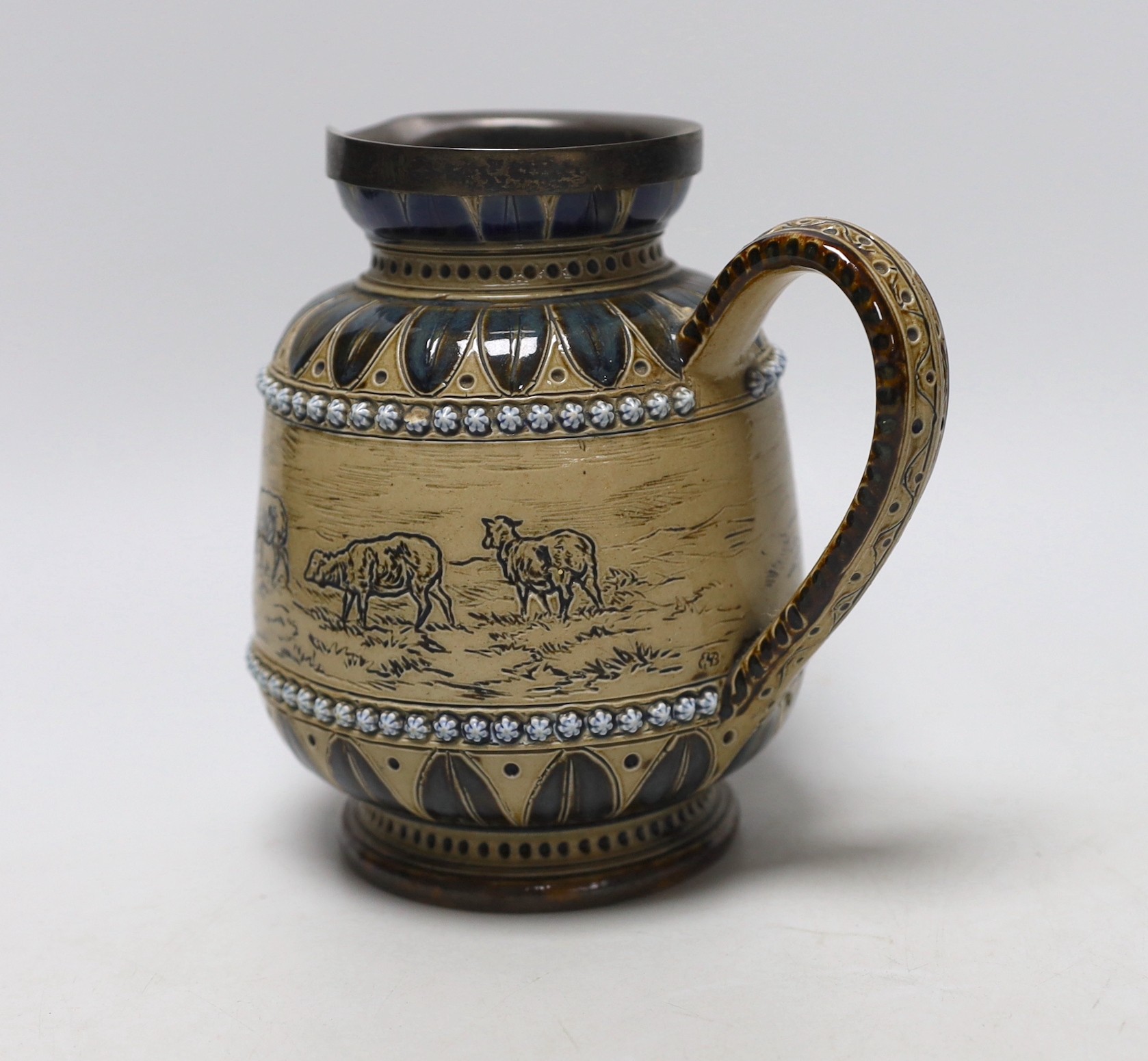 Hannah Barlow for Doulton, a silver mounted stoneware jug,16cms high